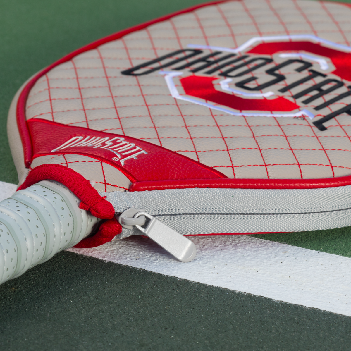 Ohio State Buckeyes Gray quilted pickleball paddle cover closeup image