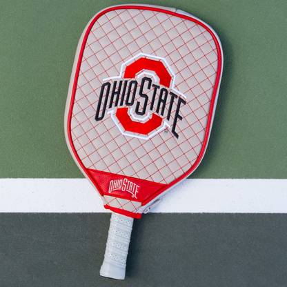 Ohio State Buckeyes Gray quilted pickleball paddle cover on court