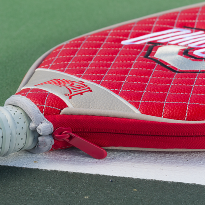 Ohio State Buckeyes Red quilted pickleball paddle cover closeup image