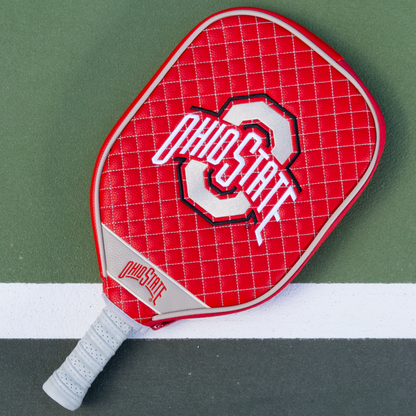 Ohio State Buckeyes Red quilted pickleball paddle cover on court