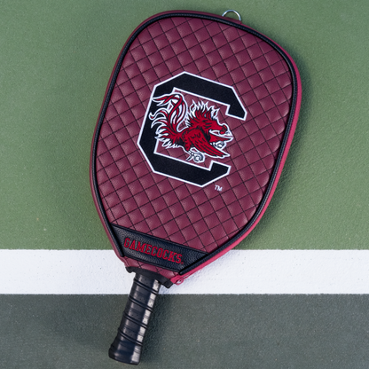 South Carolina Gamecocks quilted pickleball paddle cover on court view