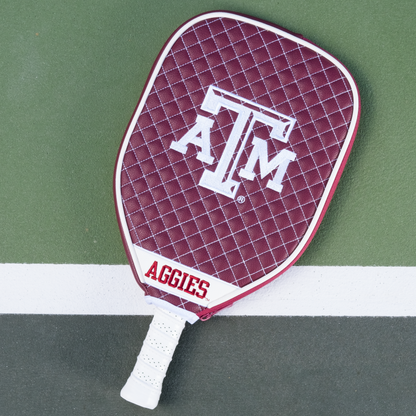 Texas A&M Aggies quilted pickleball paddle cover on court view
