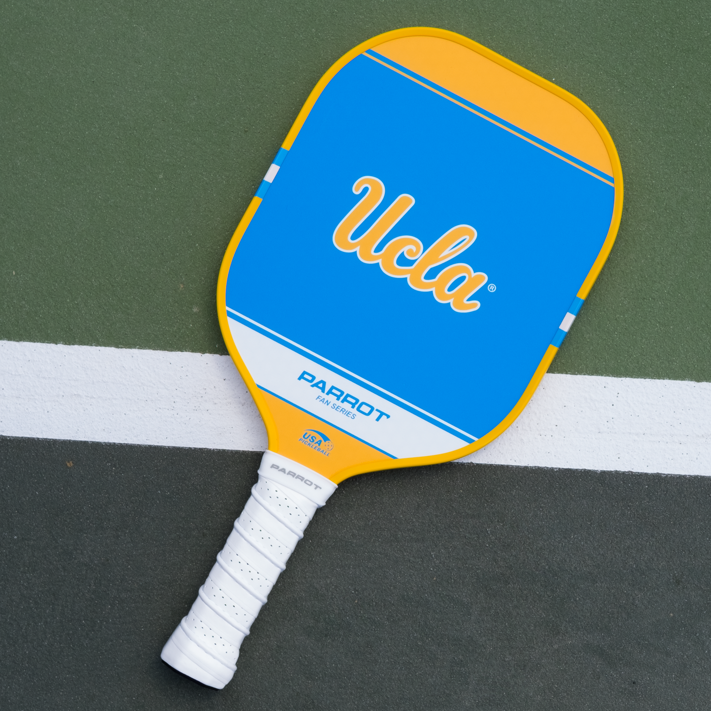 UCLA Bruins Sport Plus pickleball paddle back view on the court