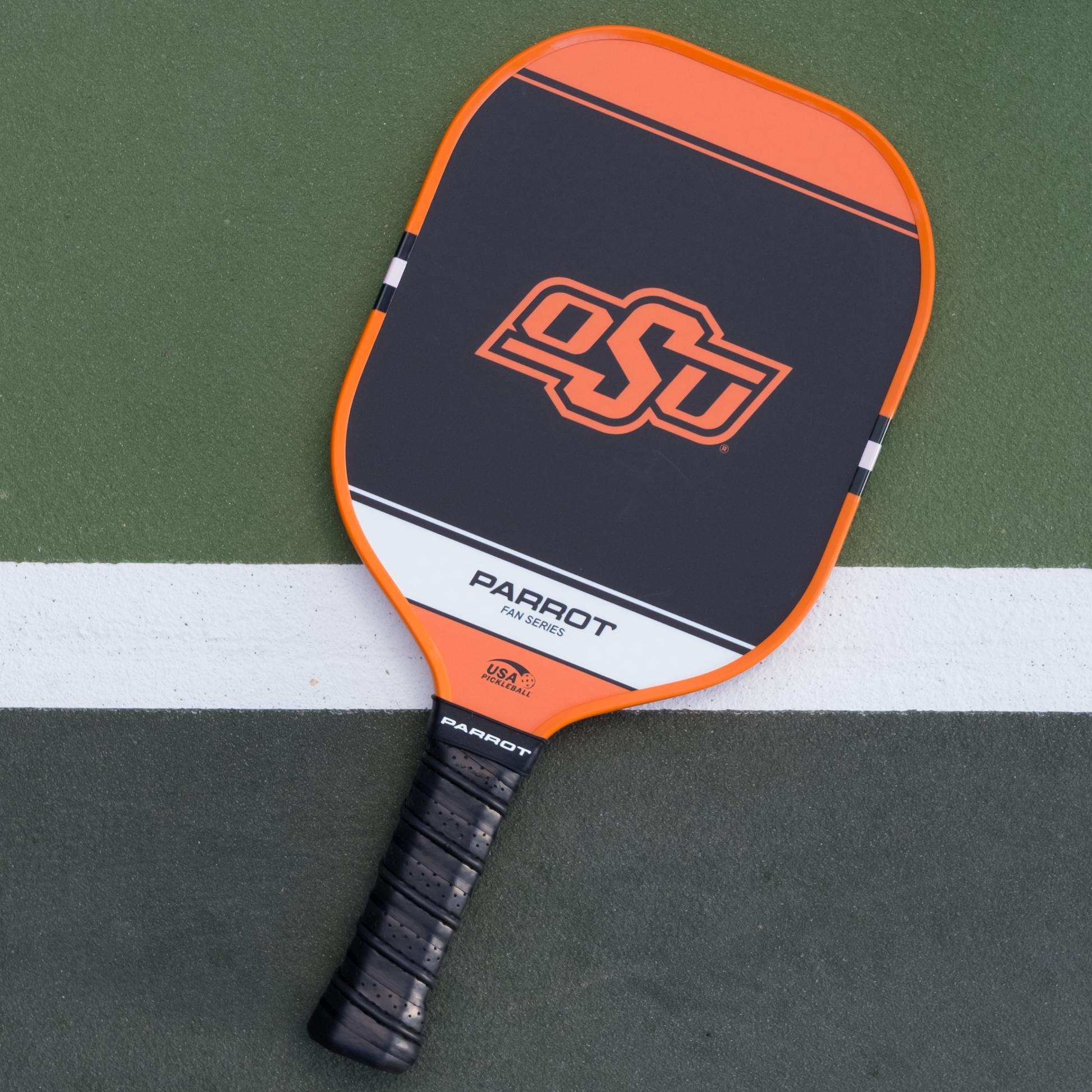 Oklahoma State Cowboys Sport Plus pickleball paddle back view on the court