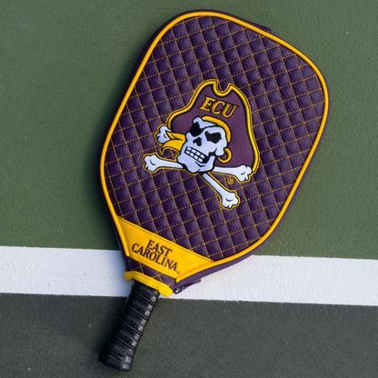 East Carolina Pirates quilted pickleball paddle cover on court view