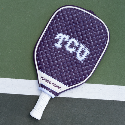 TCU Horned Frogs quilted pickleball paddle cover on court view