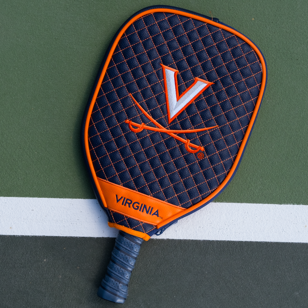 Virginia Cavaliers quilted pickleball paddle cover on court view