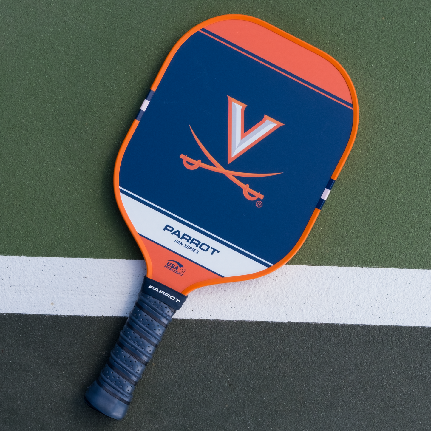 Virginia Cavaliers Sport Plus pickleball paddle back view on the court