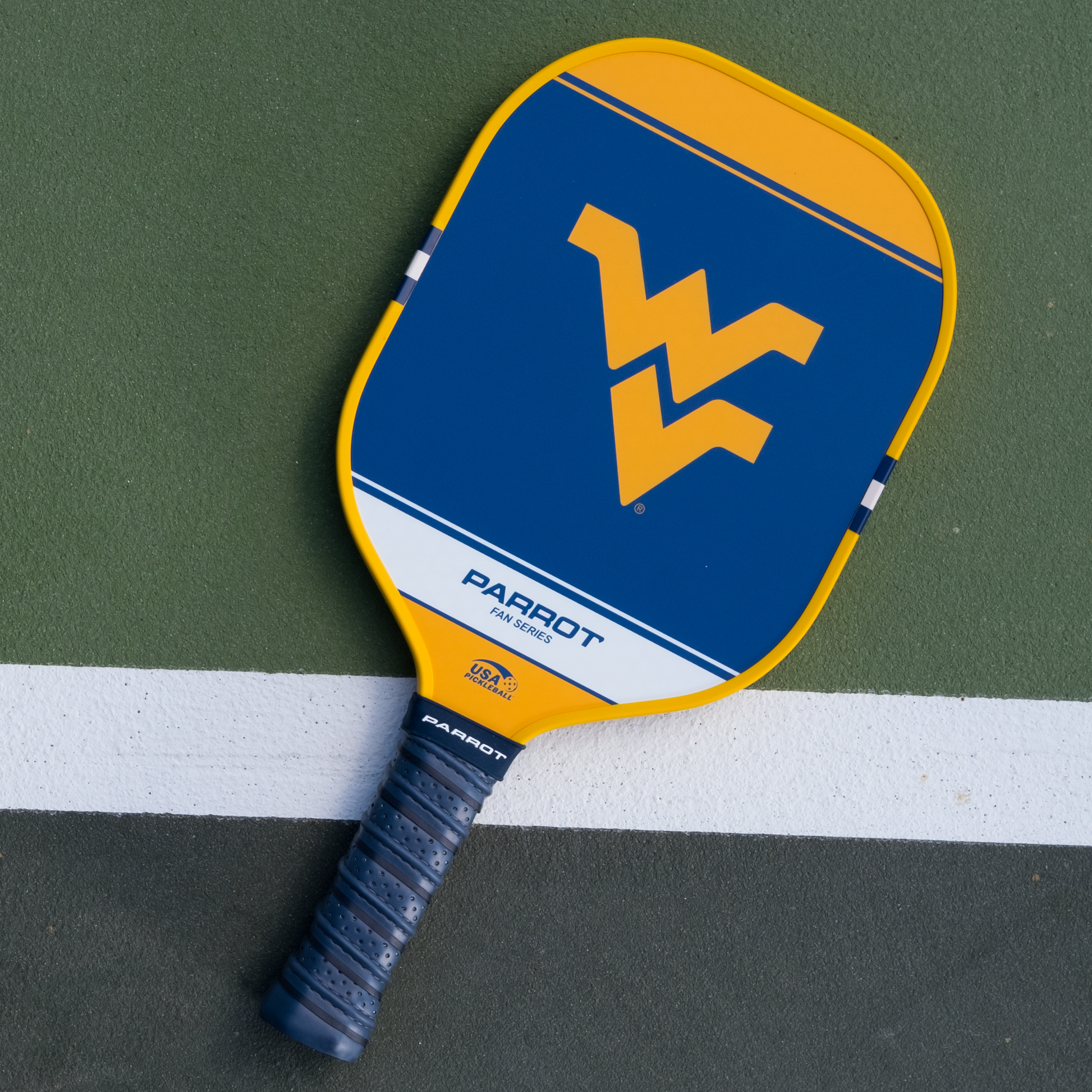 West Virginia Mountaineers Sport Plus pickleball paddle back view on the court