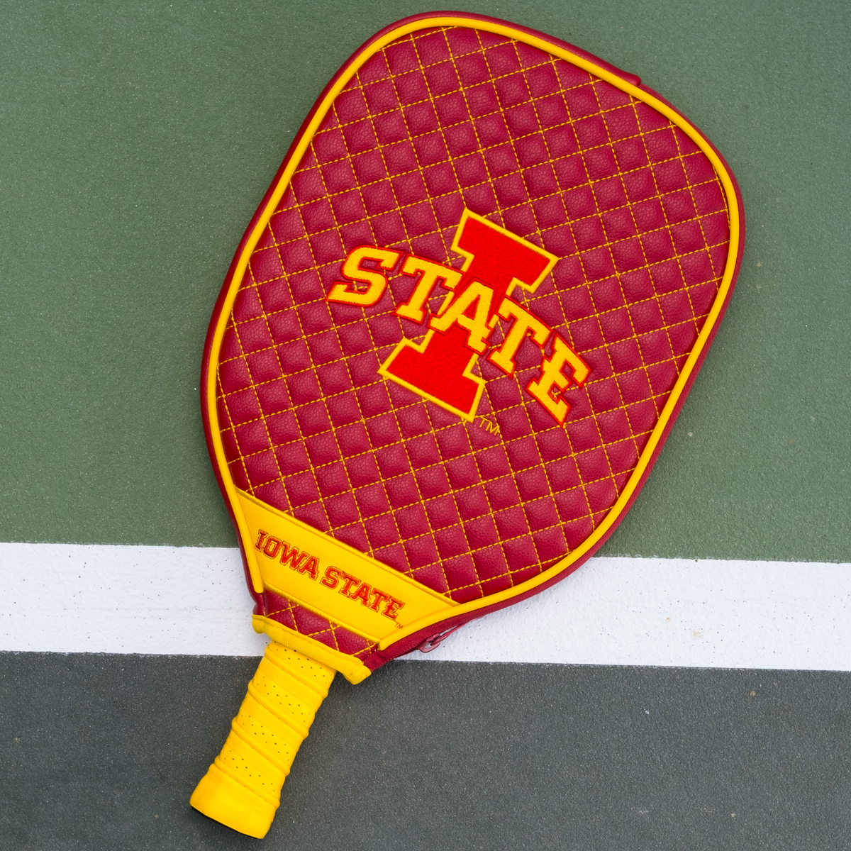 Iowa State Cyclones quilted pickleball paddle cover on court view
