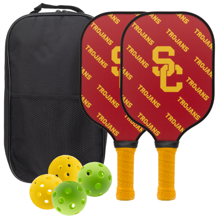 USC Trojans pickleball paddle set with balls and carry case