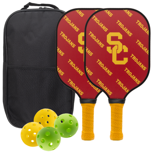 USC Trojans pickleball paddle set with balls and carry case