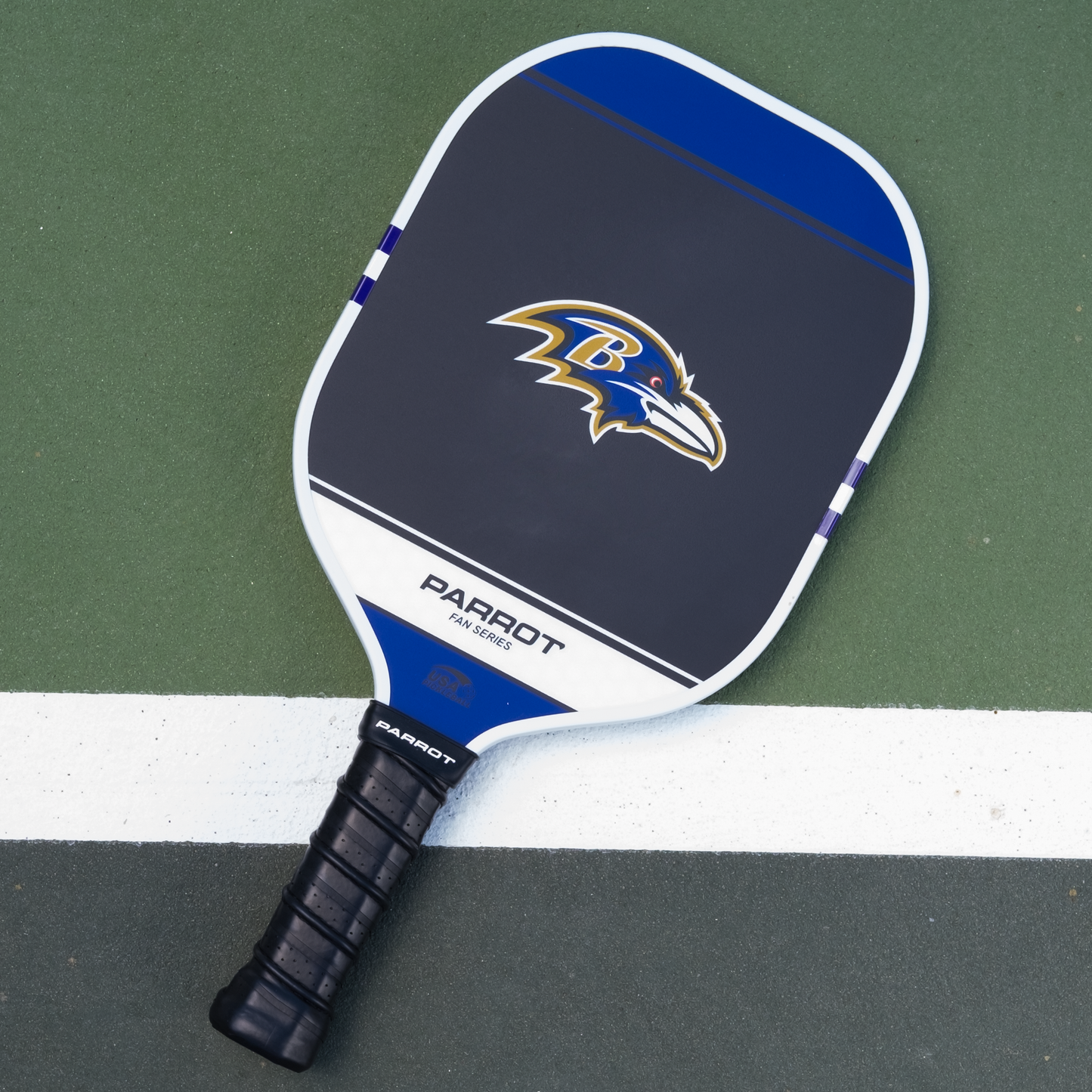 Baltimore Ravens Sport Plus pickleball paddle back view on the court