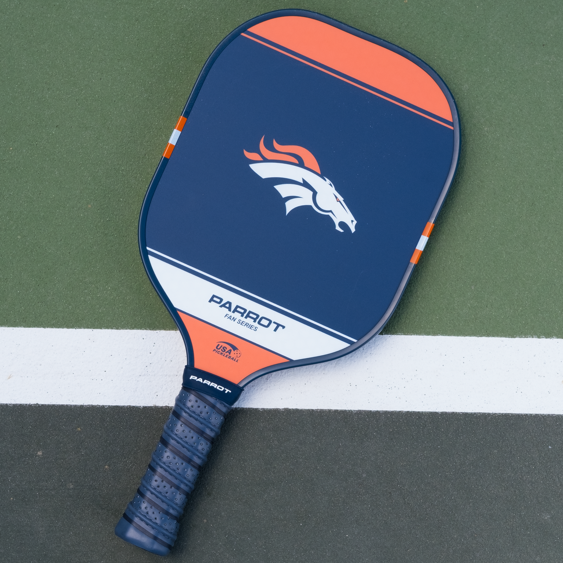 Denver Broncos Sport Plus pickleball paddle back view on the court