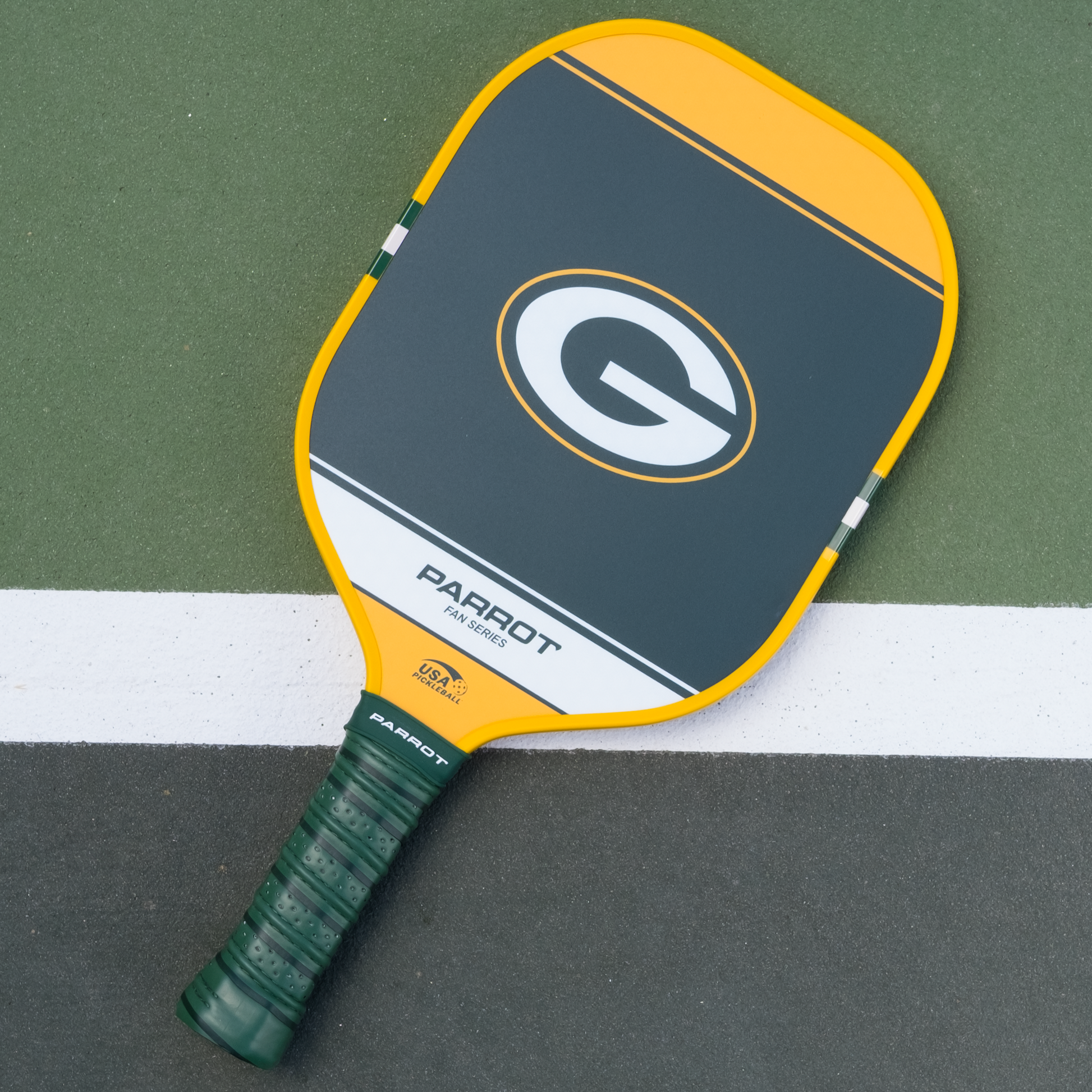Green Bay Packers Sport Plus pickleball paddle back view on the court