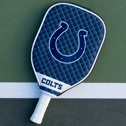 Indianapolis Colts quilted pickleball paddle cover on court view