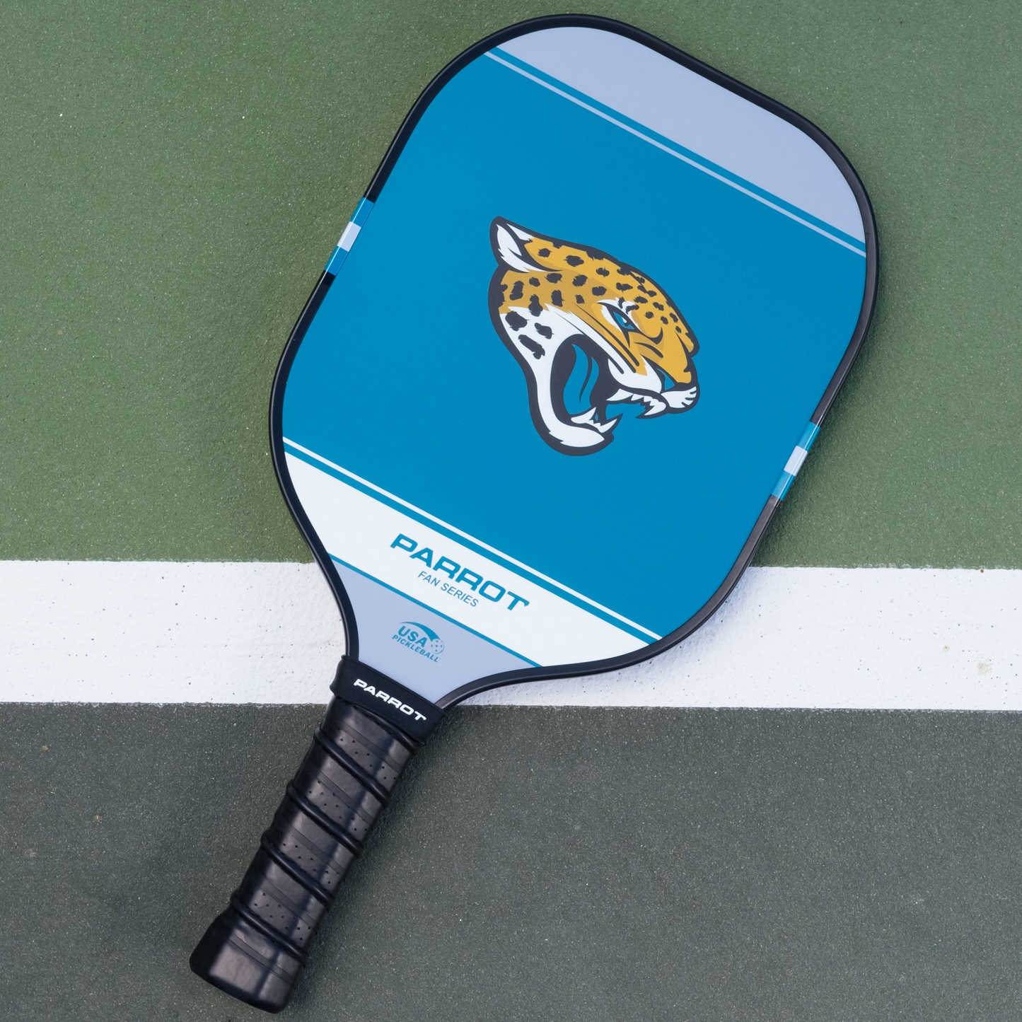 Jacksonville Jaguars Sport Plus pickleball paddle back view on the court