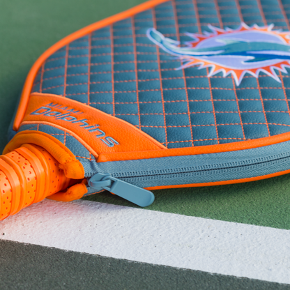 Miami Dolphins Teal quilted pickleball paddle cover closeup image