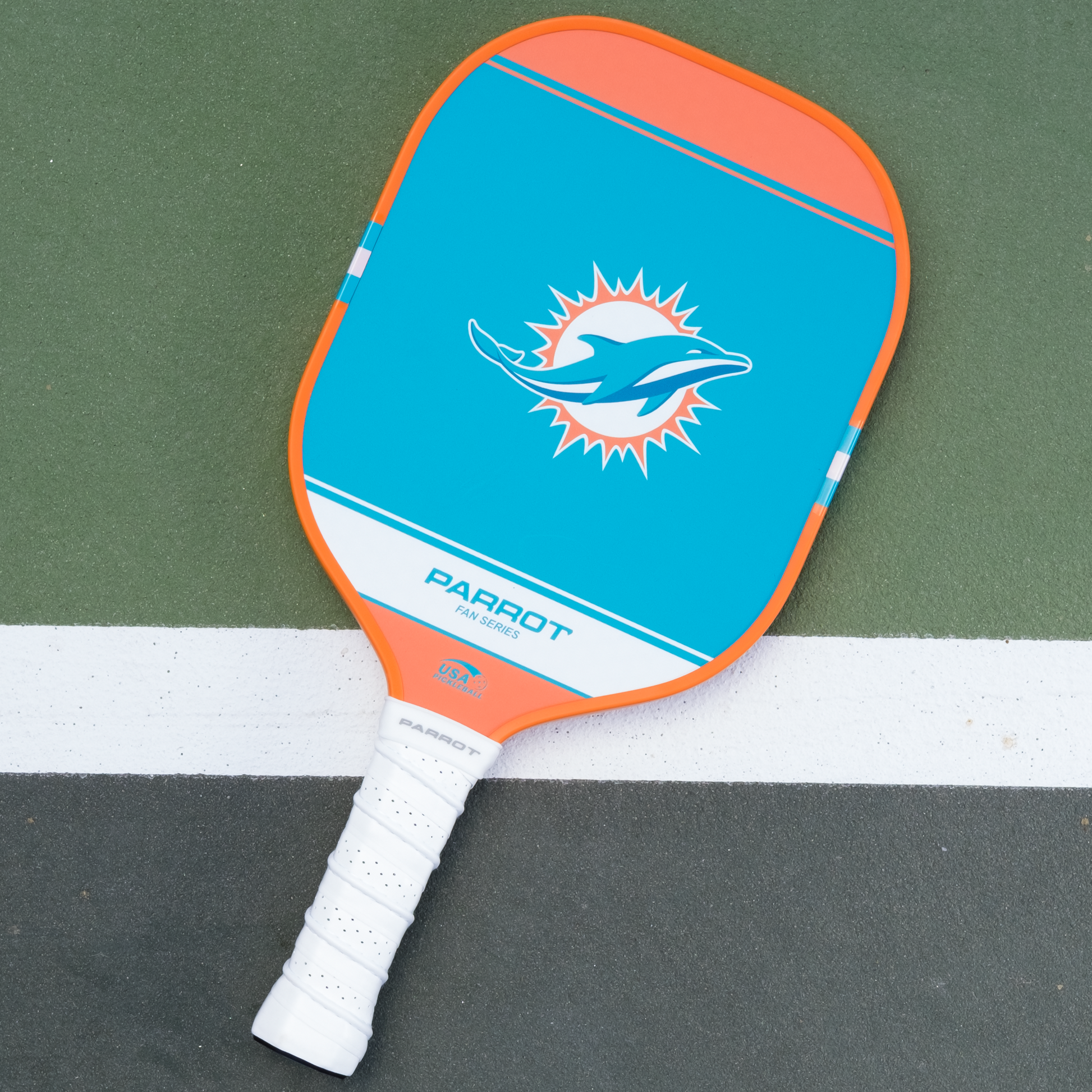 Miami Dolphins Sport Plus pickleball paddle back view on the court