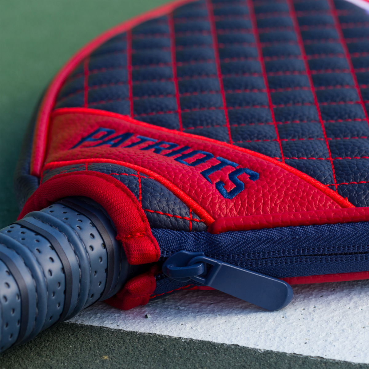 New England Patriots Navy quilted pickleball paddle cover closeup image