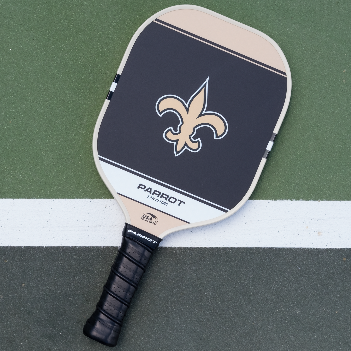 New Orleans Saints Sport Plus pickleball paddle back view on the court
