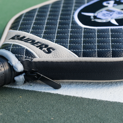 Las Vegas Raiders Silver quilted pickleball paddle cover closeup image