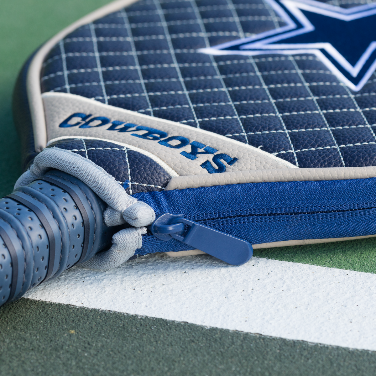 Dallas Cowboys Navy quilted pickleball paddle cover closeup image