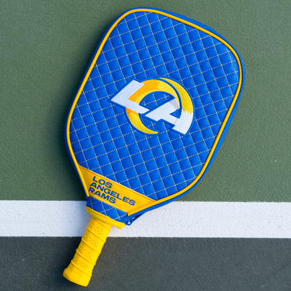 Los Angeles Rams quilted pickleball paddle cover on court view