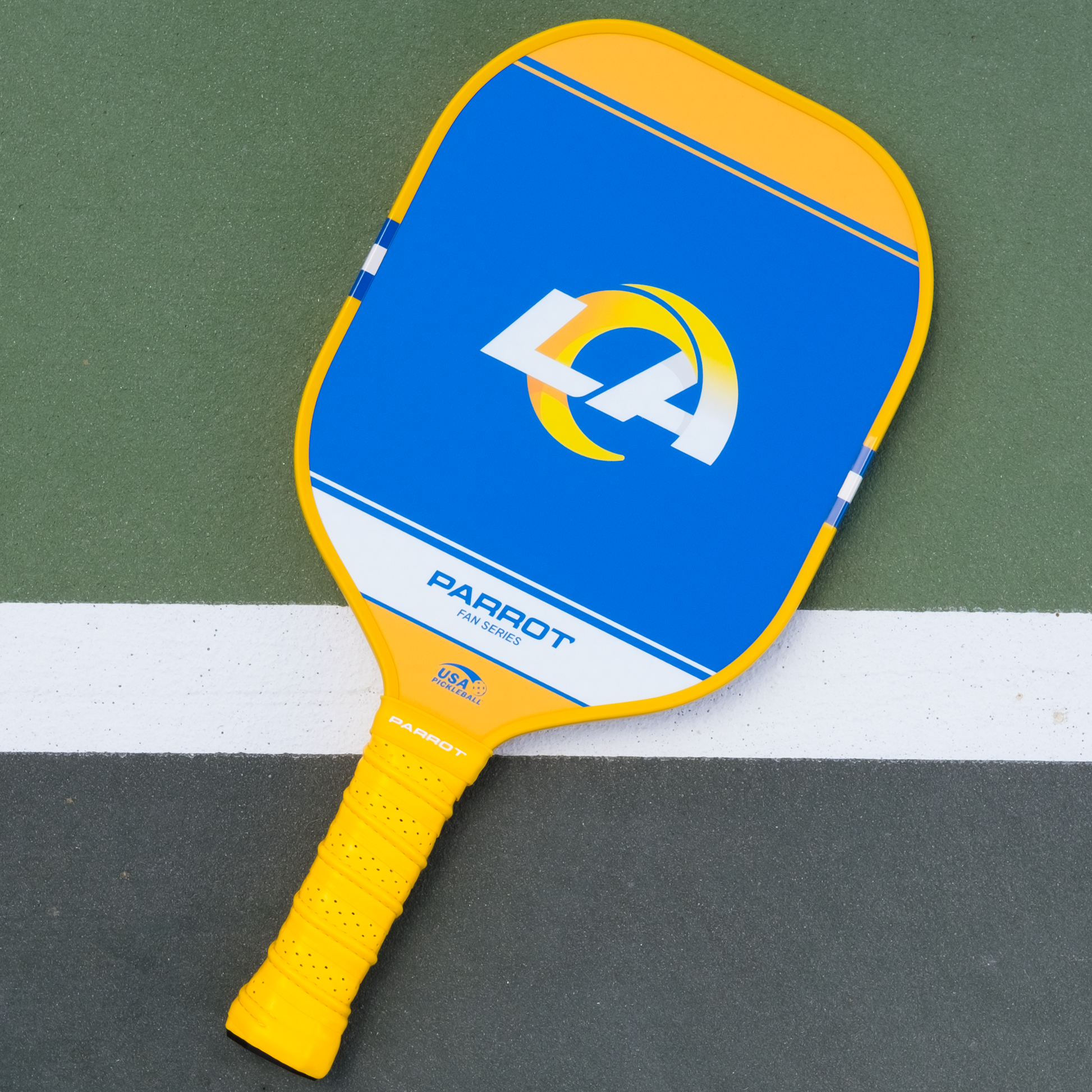 Los Angeles Rams Sport Plus pickleball paddle back view on the court