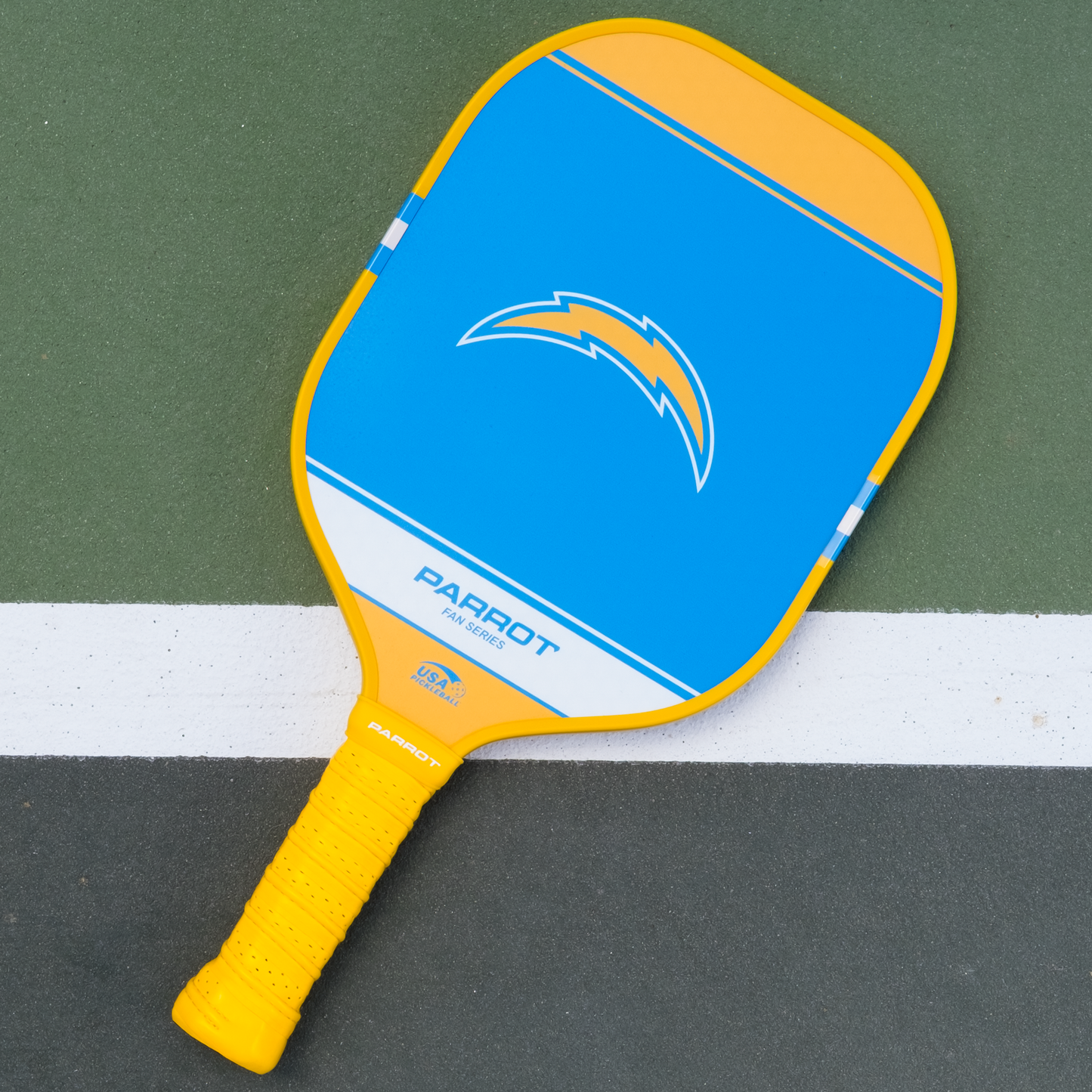Los Angeles Chargers Sport Plus pickleball paddle back view on the court