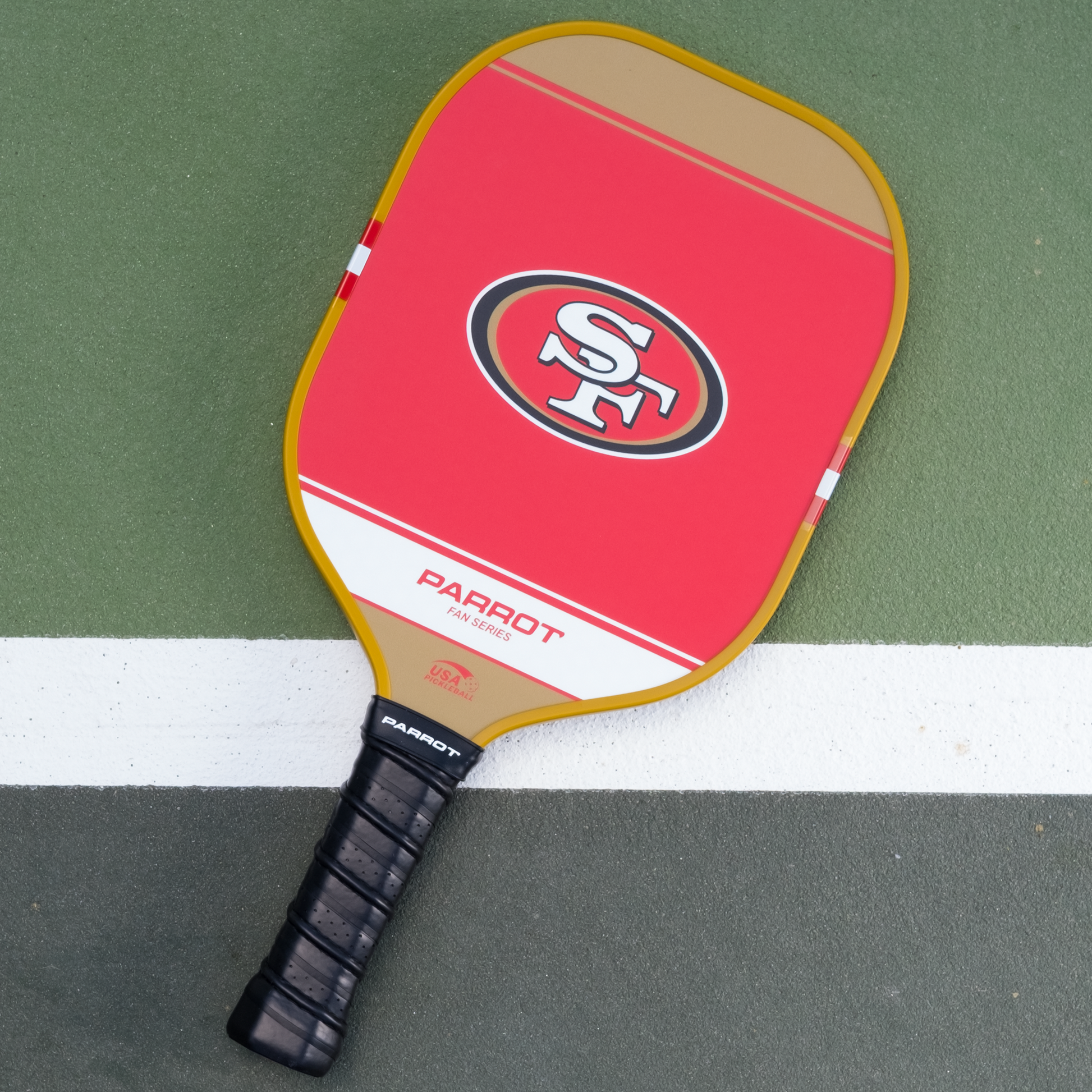 San Francisco 49ers Sport Plus pickleball paddle back view on the court