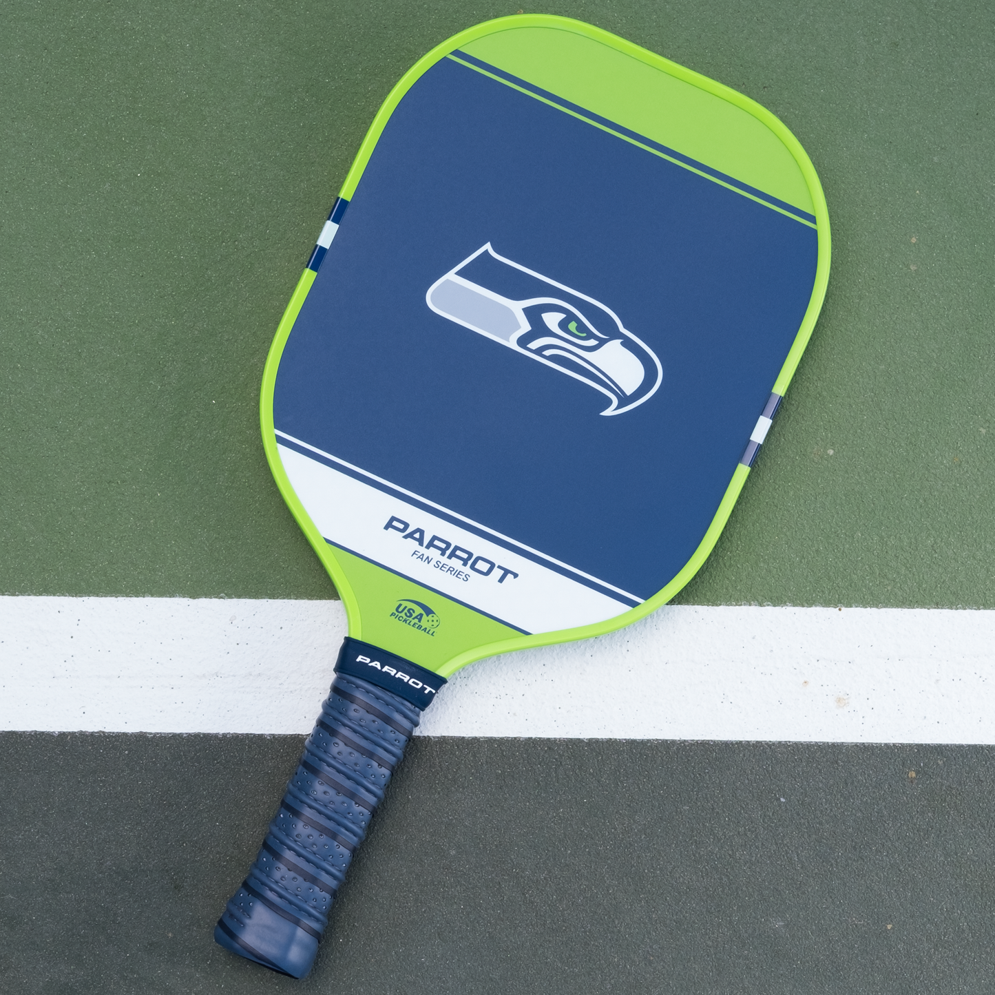 Seattle Seahawks Sport Plus pickleball paddle back view on the court