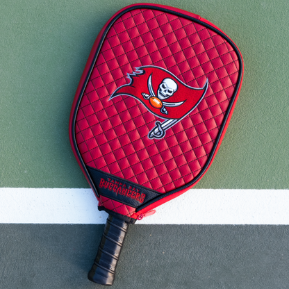 Tampa Bay Buccaneers quilted pickleball paddle cover on court view