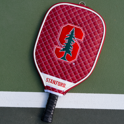 Stanford Cardinal quilted pickleball paddle cover on court view