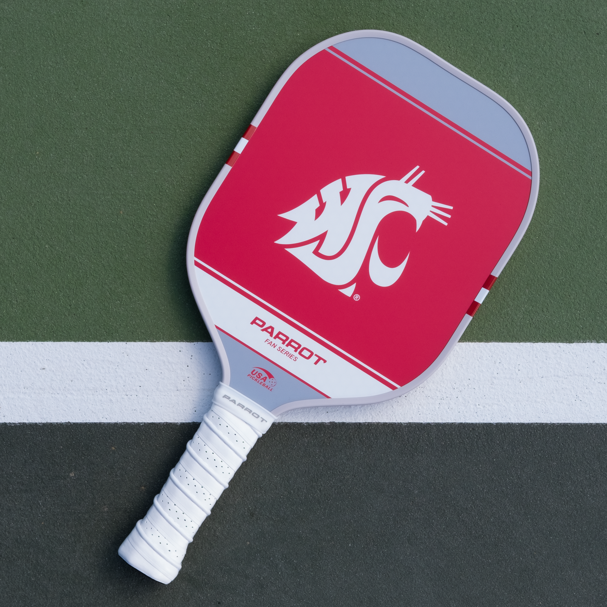 Washington State Cougars Sport Plus pickleball paddle back view on the court