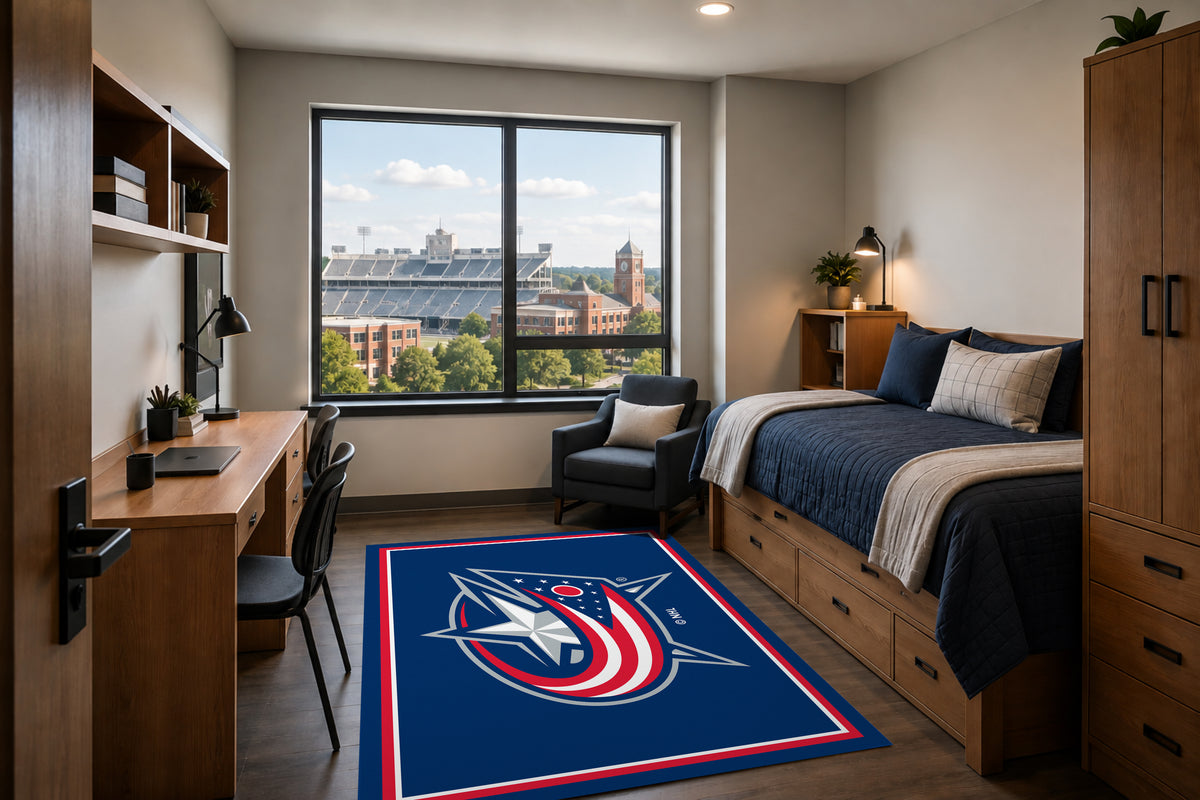 Columbus Blue Jackets Entry Rug in Room Setting - Officially Licensed NHL Area Rug