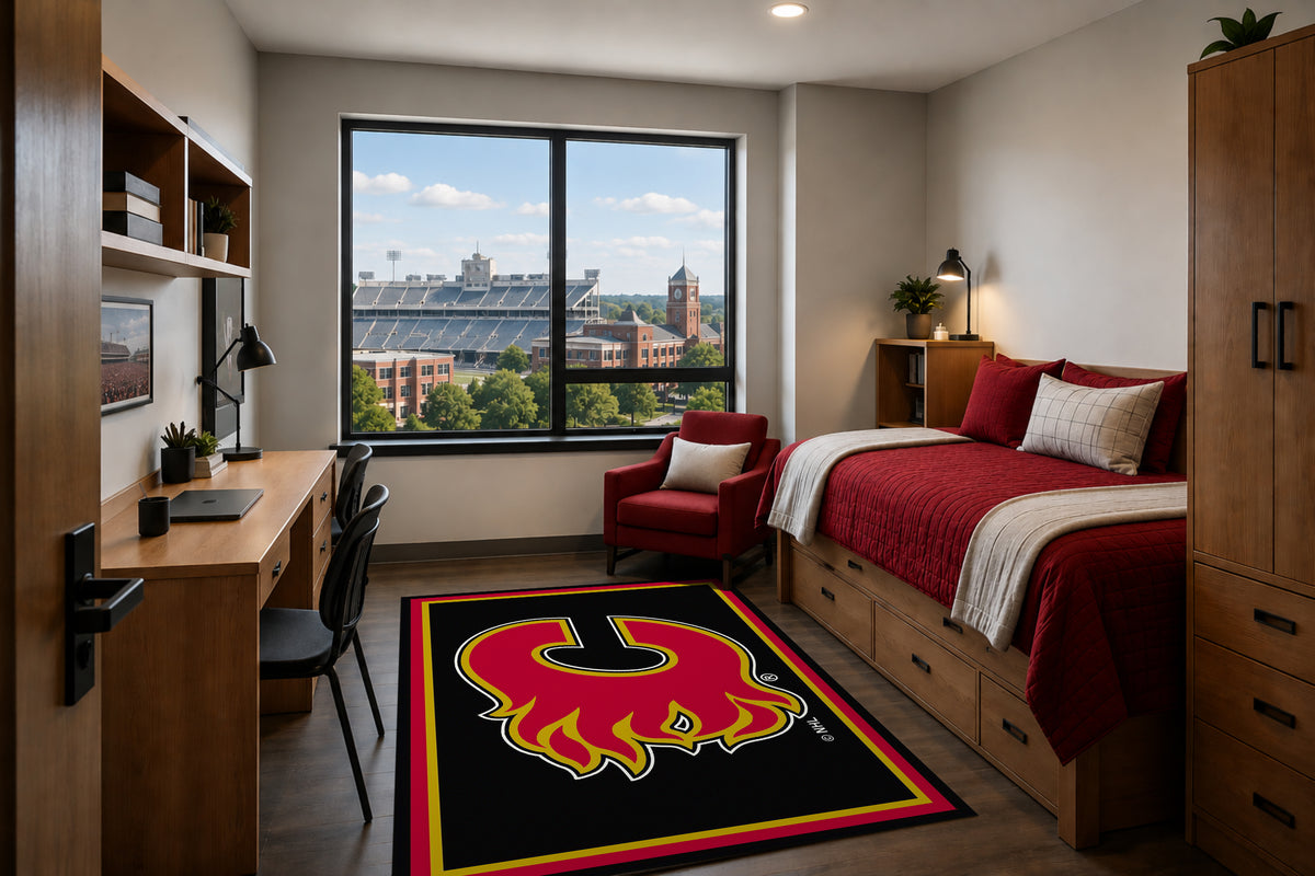 Calgary Flames Entry Rug in Room Setting - Officially Licensed NHL Area Rug