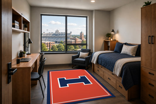 Illinois Fighting Illini Entry Rug in Room Setting - Officially Licensed NCAA Area Rug