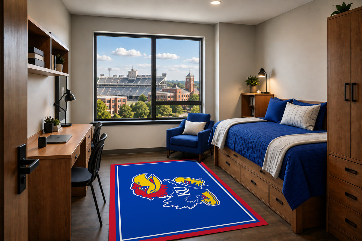 Kansas Jayhawks Spirit Rug in Room Setting - Officially Licensed NCAA Area Rug