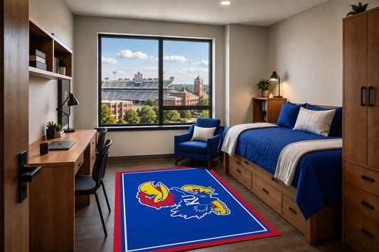 Kansas Jayhawks Entry Rug in Room Setting - Officially Licensed NCAA Area Rug
