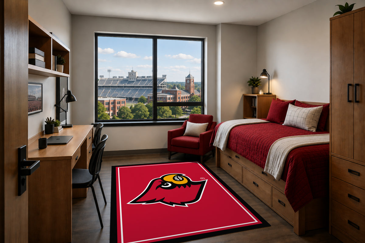 Louisville Cardinals Entry Rug in Room Setting - Officially Licensed NCAA Area Rug