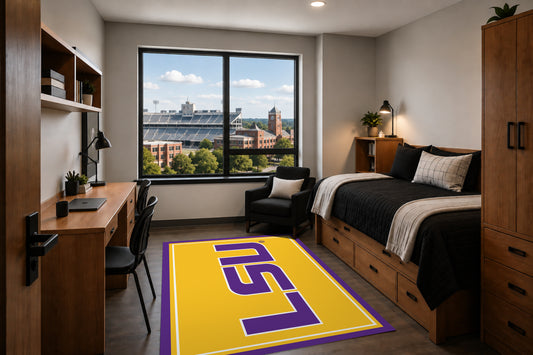 LSU Tigers Entry Rug in Room Setting - Officially Licensed NCAA Area Rug