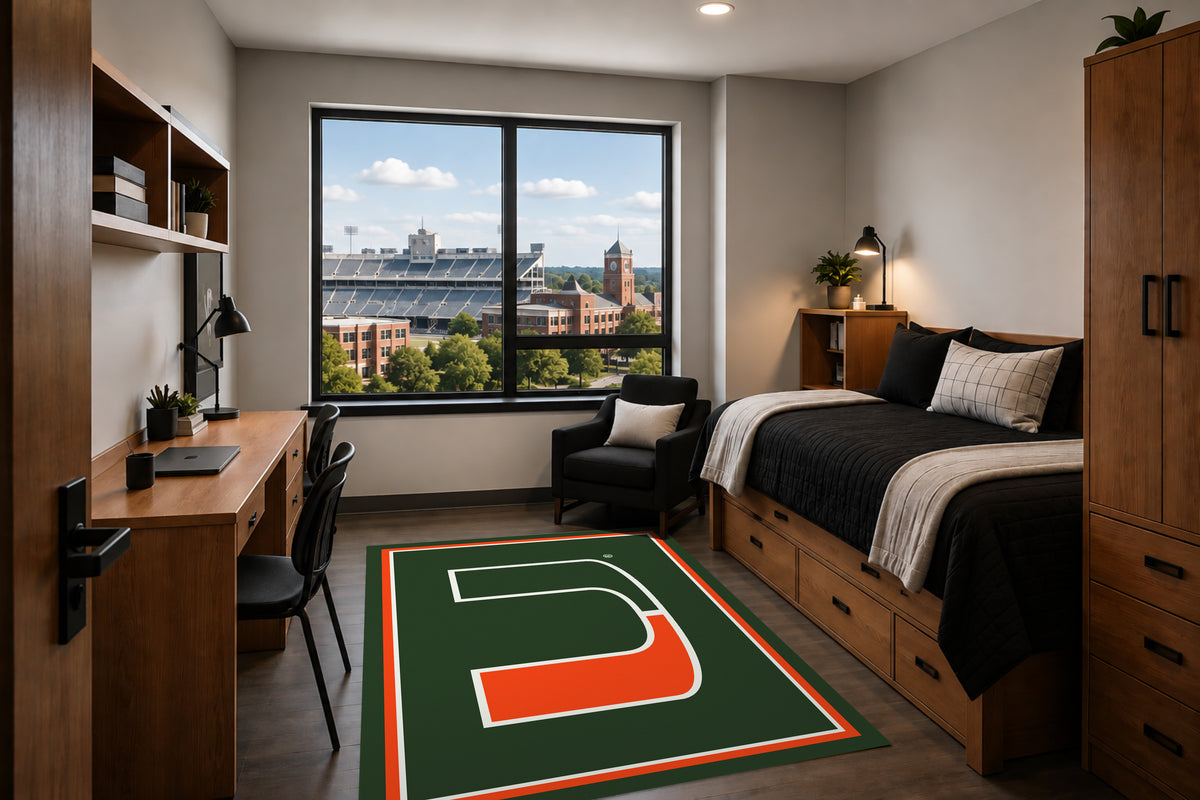 Miami Hurricanes Entry Rug in Room Setting - Officially Licensed NCAA Area Rug