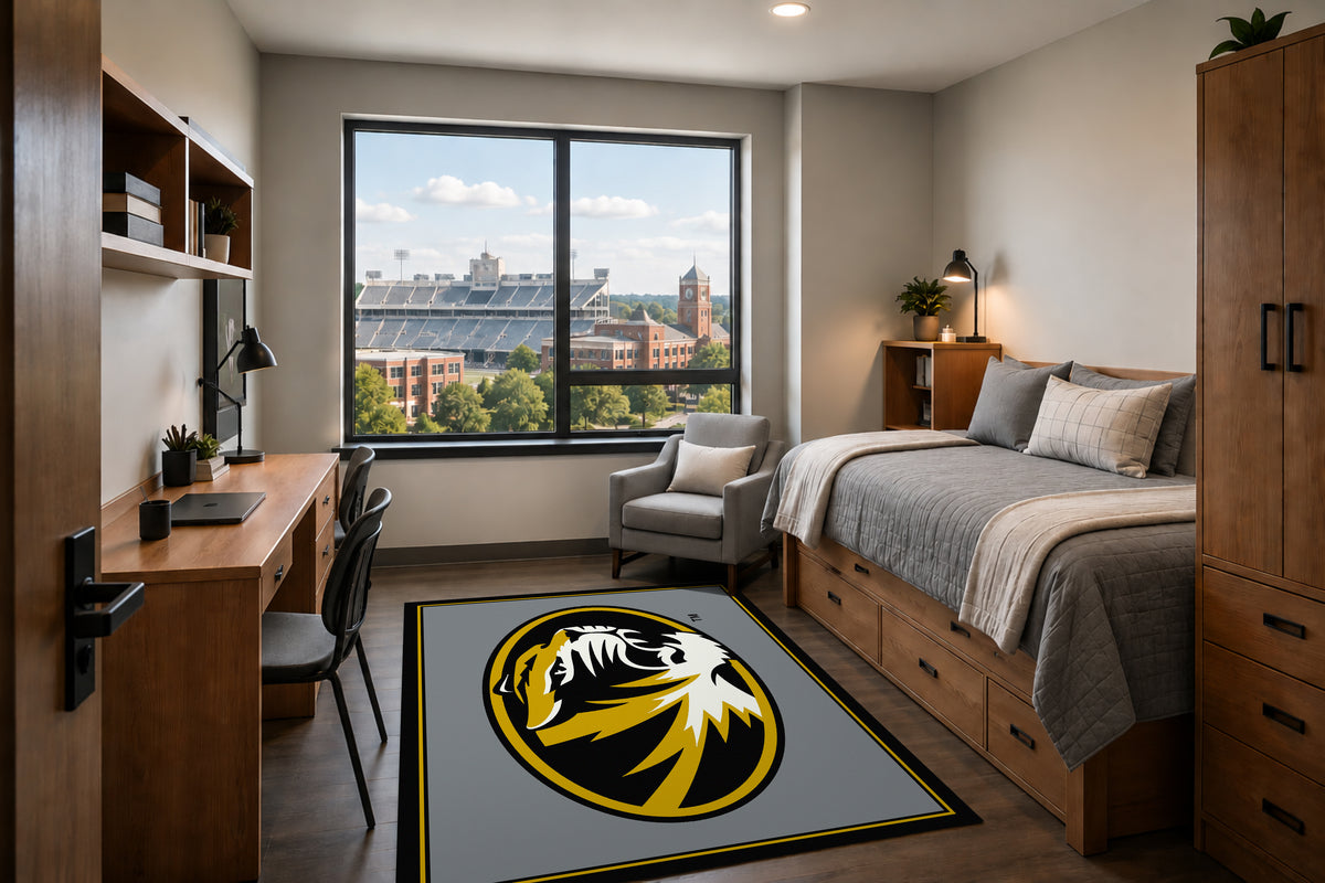 Missouri Tigers Entry Rug in Room Setting - Officially Licensed NCAA Area Rug
