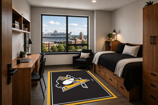 Pittsburgh Penguins Entry Rug in Room Setting - Officially Licensed NHL Area Rug