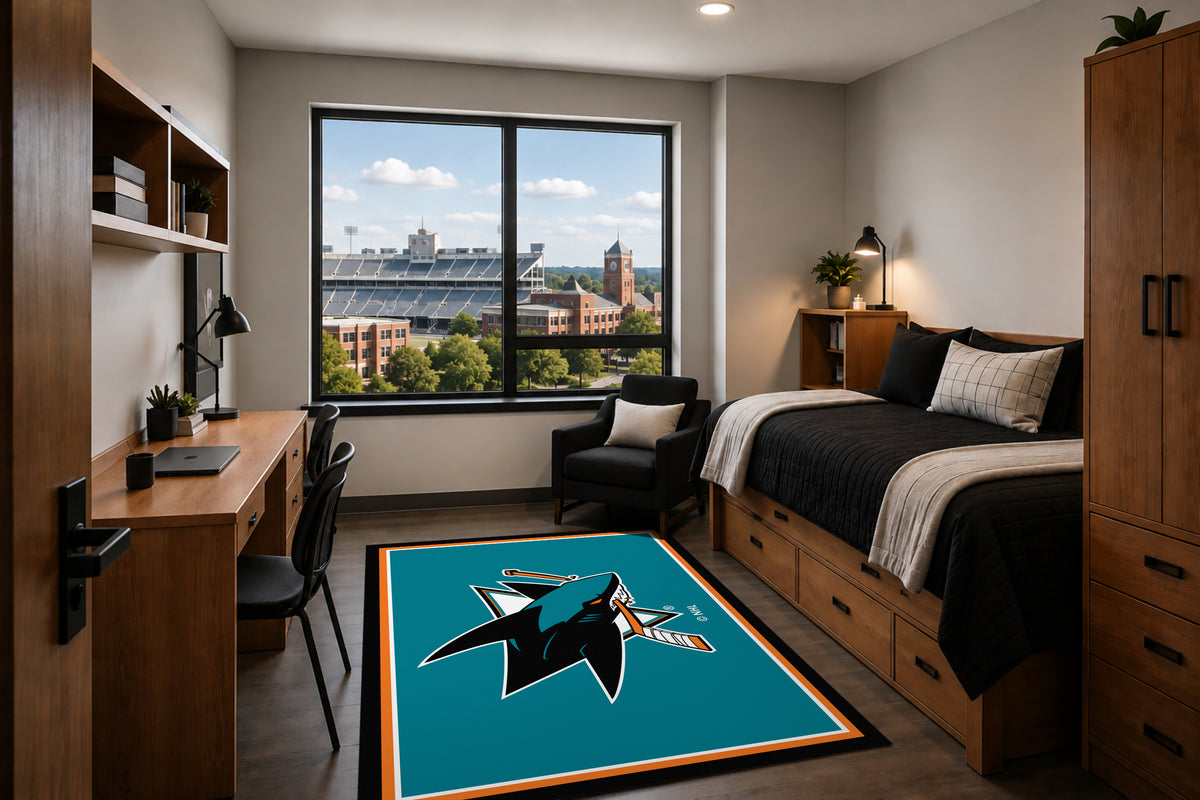 San Jose Sharks Entry Rug in Room Setting - Officially Licensed NHL Area Rug