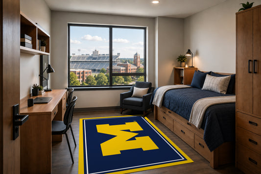 Michigan Wolverines Entry Rug in Room Setting - Officially Licensed NCAA Area Rug