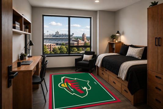Minnesota Wild Entry Rug in Room Setting - Officially Licensed NHL Area Rug