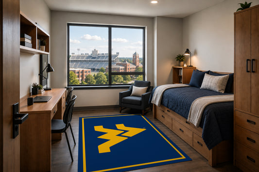West Virginia Mountaineers Entry Rug in Room Setting - Officially Licensed NCAA Area Rug