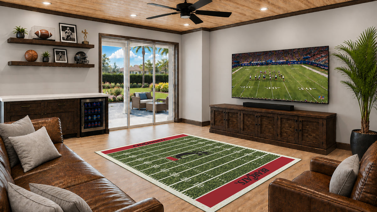Cincinnati Bearcats Homefield Rug in Room Setting - Officially Licensed NCAA Area Rug